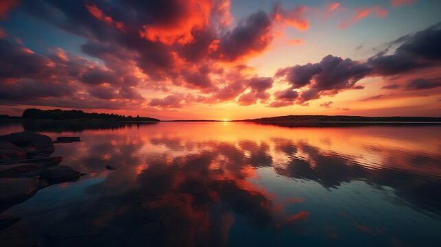 Sunset over a calm ocean, with hues of orange, pink, and purple painting the sky. Dark red sunset above seashore. Reflection of a fascinating sunset on the sea. Calm and beautiful