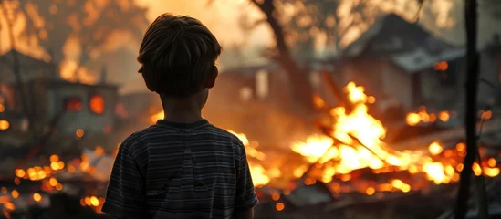 Poster Im Rahmen Boy observing devastating fire © 2rogan