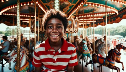 Obraz na płótnie Canvas Carousel excitement, happy young boy on a merry-go-round at funfair