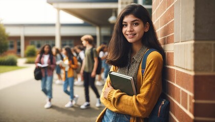 Beautiful young student leaning on wall, other students in background, high school campus scene - obrazy, fototapety, plakaty
