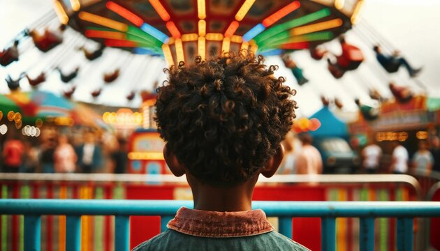 Boy looking at amusement park rides, rear view, anticipation and excitement