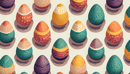 Pattern of easter eggs on white background, isometric angle view illustration