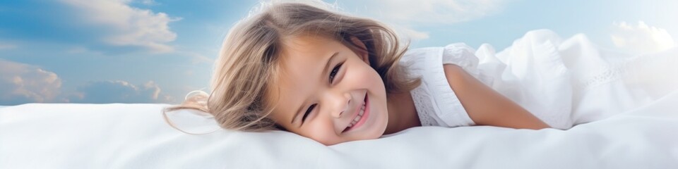 A little girl laying in bed with a pillow
