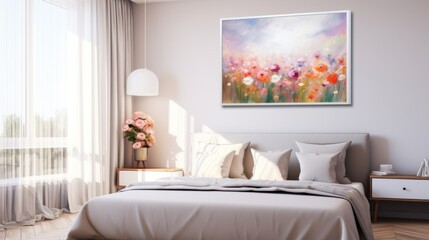 A bedroom with a bed and a painting on the wall