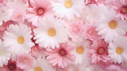 A bunch of pink and white flowers with yellow centers