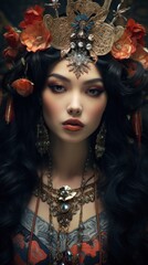 Fototapeta premium A woman with long black hair wearing a crown