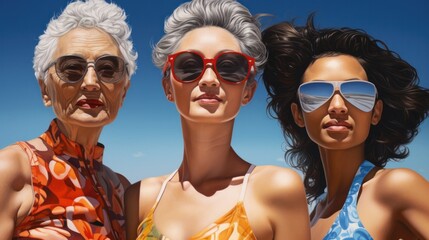 A painting of three women with sunglasses on