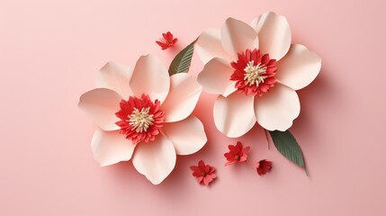 Fototapeta na wymiar Two paper flowers on a pink background