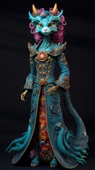 Fototapeta na wymiar A figurine of a blue dragon with pink hair