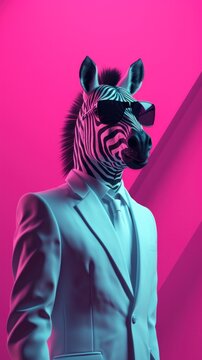 A zebra wearing a suit and sunglasses on a pink background