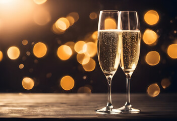 two glasses of champagne with warm bokeh lights in the background