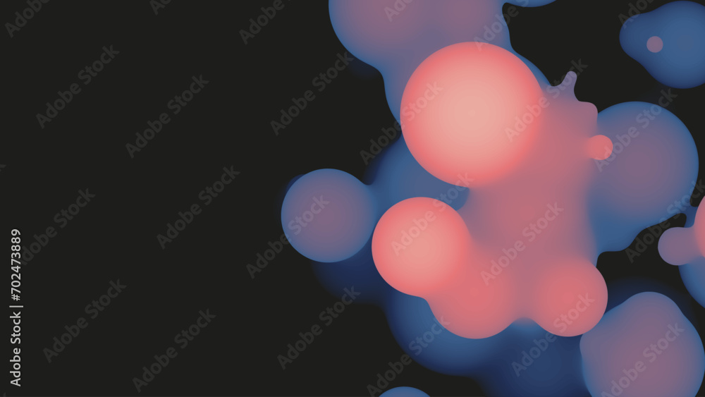Poster abstract 3d fluid metaball shape with violet balls. synthwave liquid pastel organic droplets with gr
