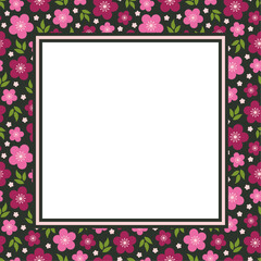 Vector square frame with copy space. Pink flowers and green leaves on black background.