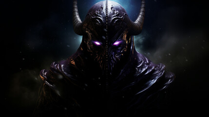 An ominous god akin to Loki, shrouded in shadows, with a devious smirk, before a backdrop of a dark nebula
