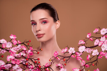 Photo of hot stunning gorgeous lady in sakura cherry branch garden advertising tradition beauty procedure therapy