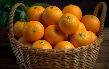 Fresh oranges in a wicker basket