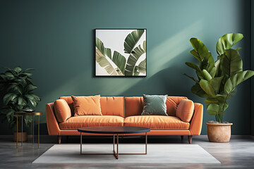 Living room in green colors with peach color velvet couch, modern stylish interior design, generative ai