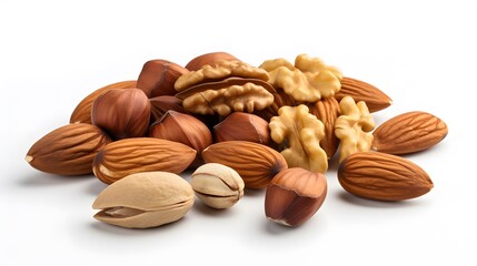mixed nuts in wooden bowl. Mix of various nuts on colored background. pistachios, cashews, walnuts, hazelnuts, peanuts and brazil nuts.  - Powered by Adobe