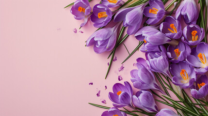 A cheerful frame of crocuses on a pastel-colored backdrop, Women's day, pastel background, Flat lay, top view, with copy space