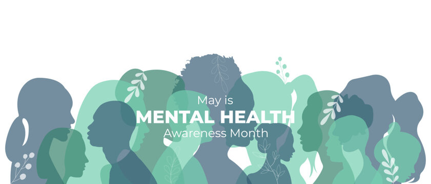 Mental health banner.Flat vector illustration with silhouettes of men and women and space for text.