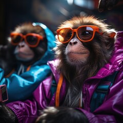 monkeys portrait with sunglasses, Funny animals in a group together looking at the camera, wearing clothes, having fun together, taking a selfie, An unusual moment full of fun fashion consciousness.