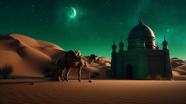 Luxury mosque in desert at night