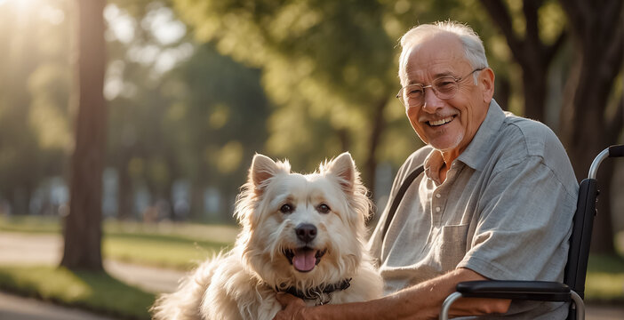 Elderly man in a wheelchair with a dog on the street mobility