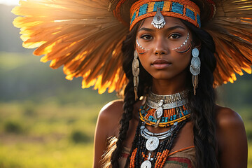Retrato de uma jovem Indígena com vestimentas tradicionais.
