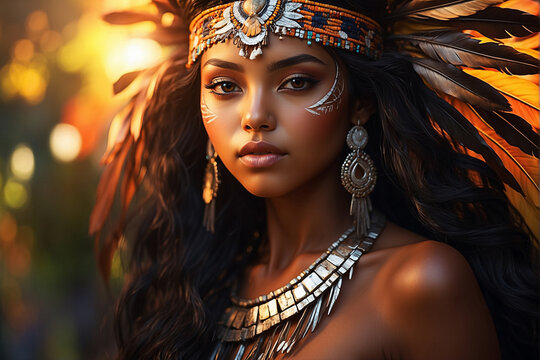 Retrato de uma jovem Indígena brasileira com cocar de penas sobre a sua cabeça.