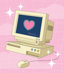 Y2k retro computer monitor, dimensional drawing of vintage pc screen with heart and text greeting, Valentine's Day poster in y2k aesthetic. Vector illustration.