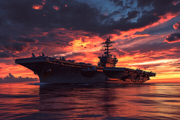an aircraft carrier sails across the ocean at sunset