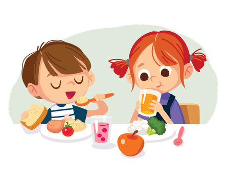Boy and girl eating healthy homemade food. Kids have porch for breakfast. The girl drinks soda and eats cereal for lunch. Family meal.