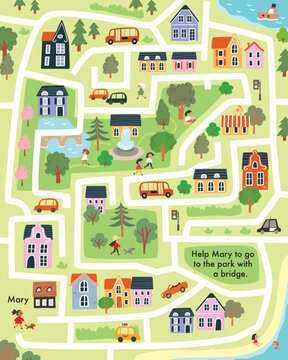 Vector child labyrinth with town symbols for baby, babies. Children maze illustrated with cars, houses, buildings, trees, streets. City easy simple drawing map.