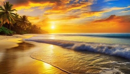 Golden Reflections: Tranquil Tropical Beach Seascape Shimmers in the Glow of an Orange Sunset - Powered by Adobe