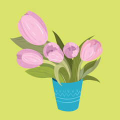 Flat pink tulips bouquet in vase vector illustration. Pink tulips in blue vase isolated. For holidays, 8th march, 14th february, international woman day. valentine day, interior