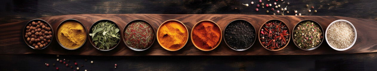 Spices in wooden cups on wooden background. Set of different spices on a wooden background
