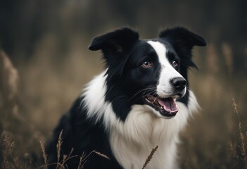 Fototapeta premium A border collie with black and white fur sits in meadow close up