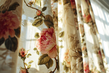 Floral patterned curtain on sunny light background . Generative AI