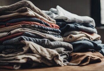 Pile of dirty stacked laundry isolated on a wooden table - obrazy, fototapety, plakaty