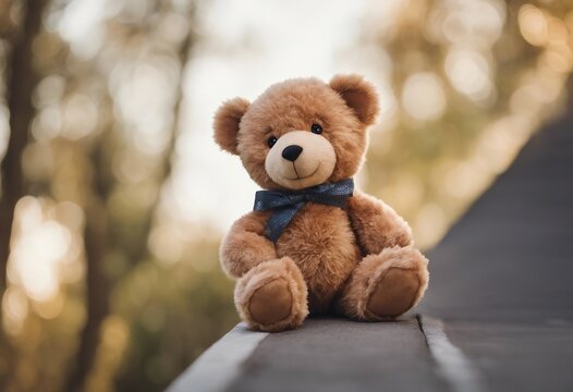 Portrait of a teddy bear looking happy around a edge of a corner