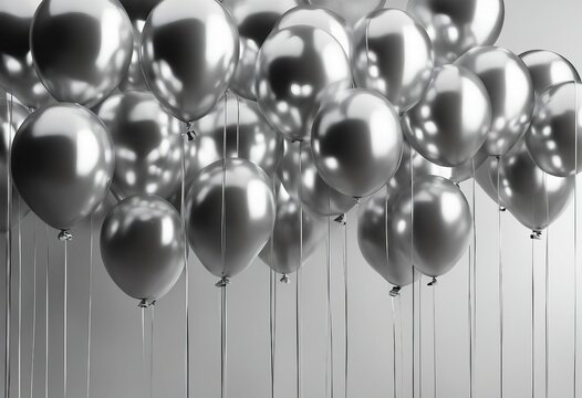 Row of round silver balloons in watercolor design on grey background - Powered by Adobe