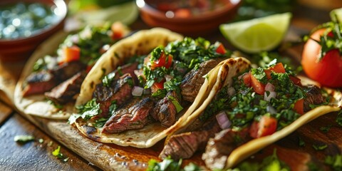 Argentinian Tacos Symphony - Chimichurri Steak Tacos - Bold Flavors in Every Bite - Warm Light Embracing Culinary Fiesta - obrazy, fototapety, plakaty