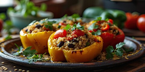 Nutrient-Packed Veggie Bliss - Quinoa and Black Bean Stuffed Bell Peppers - Healthy Indulgence in Every Bite - Fresh Light Illuminating Culinary Goodness