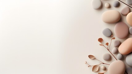 Neutral background with stones branch and natural colors ideal for beauty product branding and...