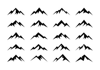 Mountain peak summit set logo design. Outdoor hiking adventure icon set. Alpine wilderness travel symbol. Vector illustration.