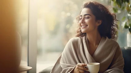 Rollo Happy asian woman relaxing drinking hot coffee or tea in holiday morning vacation on armchair at home, Cosy scene, Smiling pretty woman drinking hot tea in autumn winter © Ahtesham