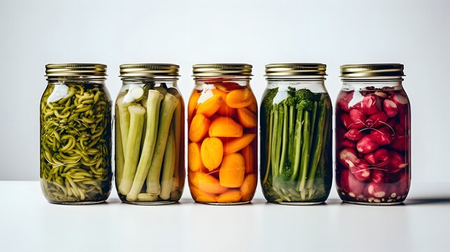 Pickled Vegetables In Glass Jars On White Background