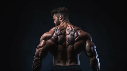 Fototapeta na wymiar Muscular man back view of a bodybuilder athlete in dark background