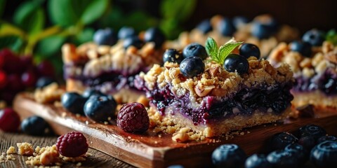 Berrylicious Dessert Bliss - Blueberry Almond Crumble Bars - Sweet Berry Symphony in Every Bite - Soft Light Illuminating Dessert Delight