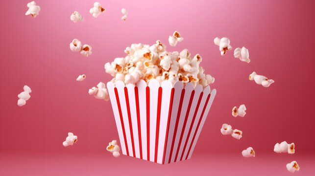 popcorn in a paper bag flying around on pink background. Cinema and movie theater concept.
